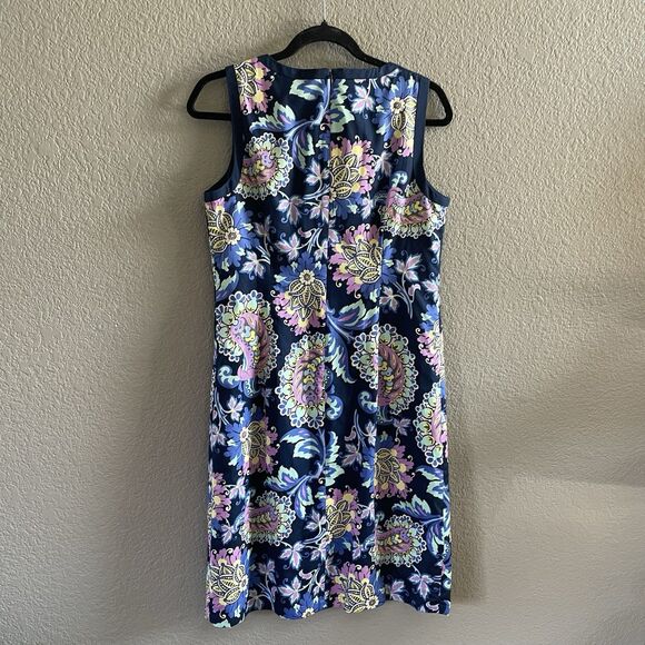 Talbots Shift Dress Womens 6 Blue Paisley Sleeveless Split Neck Cotton NWT - Picture 3 of 11